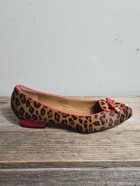 Isaac Mzrahi Leather Cow Hair Leopard Print Ballet Flat with Red Patent Trim